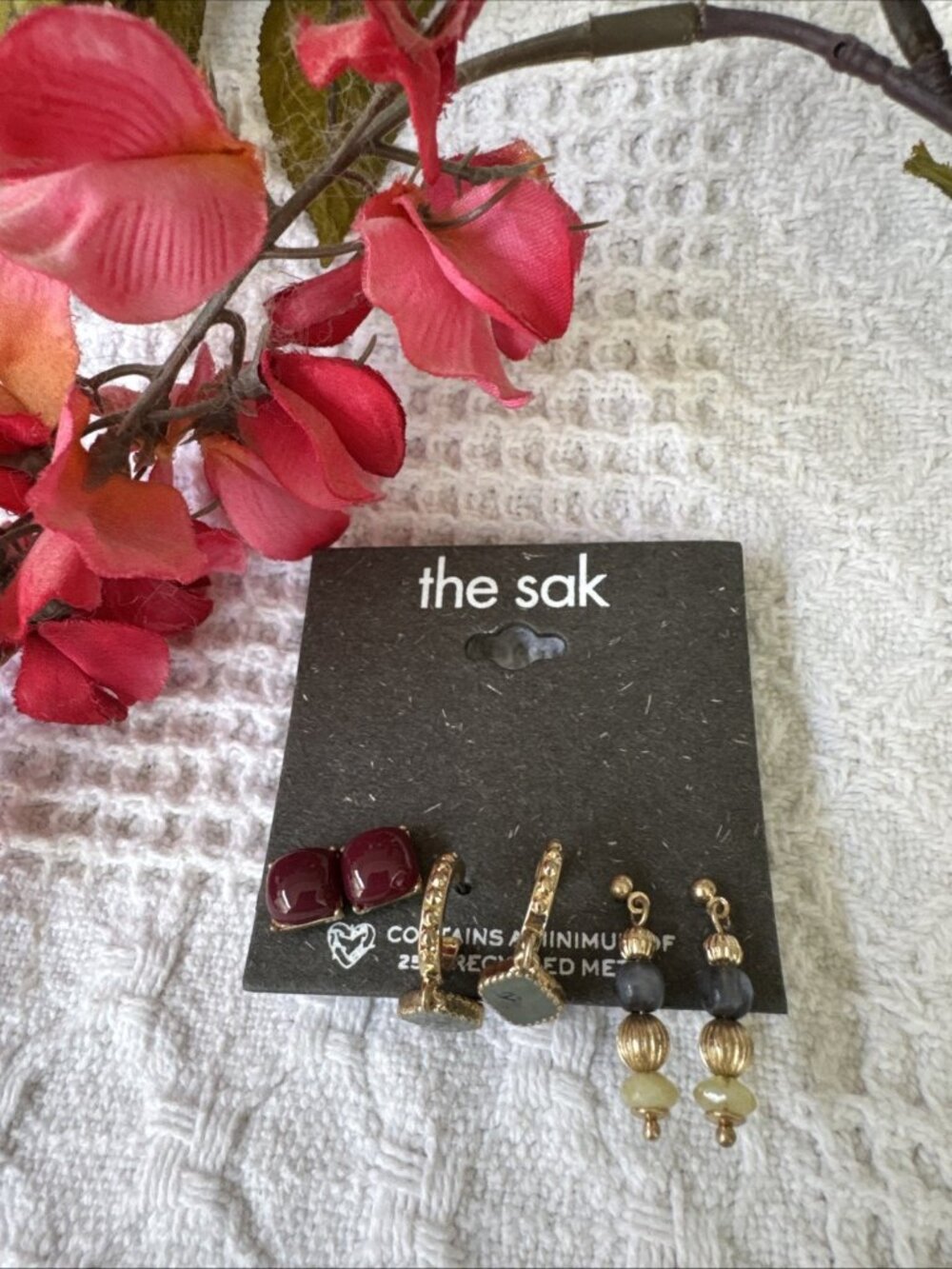 NWT THE SAK 6 PC SET Gold Tone Green Burgundy Beads Dangle Studs Earrings
